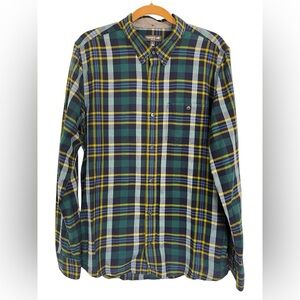 Toad & Co Mattock 2 Long Sleeve Button Slim Plaid Blue Green Yellow Size Large